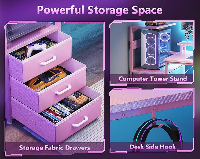 AODK 59 Inch Gaming Desk with USB Charging Ports & LED Light- Reversible Computer Desk with Storage Shelves & Monitor Stand, Modern Gamer Desk Table with Fabric Drawers & Side Hook, Carbon Fiber Pink
