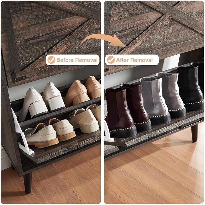 Shoe Storage Cabinet,Farmhouse Shoe Organizer with 2 Flip Drawers & Barn Door Design,Freestanding Hidden Slim Narrow Shoe Rack Cabinet for Entryway,Foyer,Hallway,Dark Oak