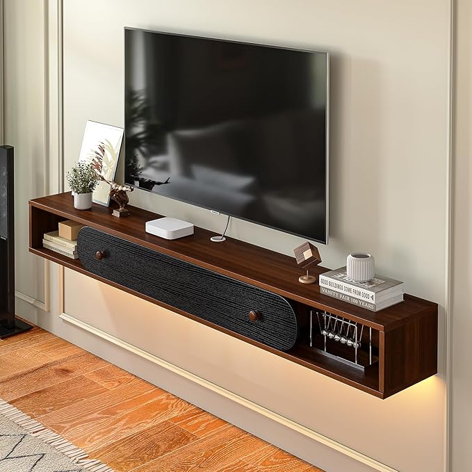 Floating TV Stand Wall Mounted 55'', Modern Media Console with 2 Open Cabinets and 1 Door,Wall Mount TV Console for Living Room Bedroom,Walnut and Black