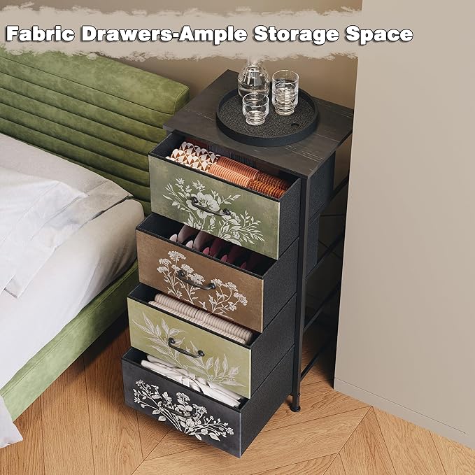 Tohomeor Vintage Dresser Vertical Nightstand with Neutral Botanical Plant Fabric Chest Drawers for Closet Bathroom Storage Tower Unit Bed Side Organizer Farmhouse Rustic (Multi, 4 Drawers)