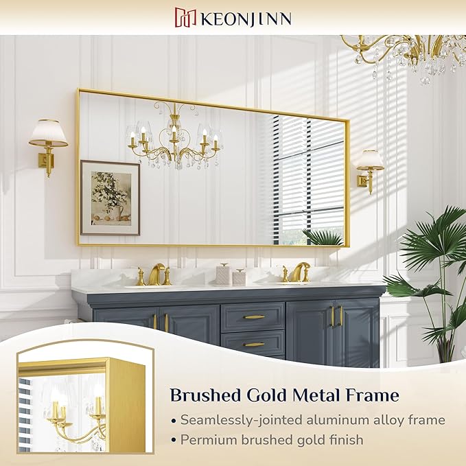 Keonjinn Large Gold Bathroom Mirror 72" x 36", Brushed Gold Rectangular Mirror for Wall, Oversized Metal Framed Mirror, Square Corner, Modern Farmhouse Decorative(Horizontal/Vertical)