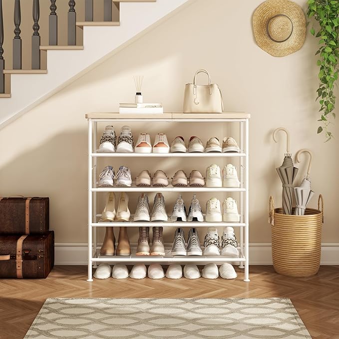 Shoe Rack Organizer 5 Tier for Closet Entryway Free Standing Metal Storage Shoe Shelf with MDF Top Board，White+Oak