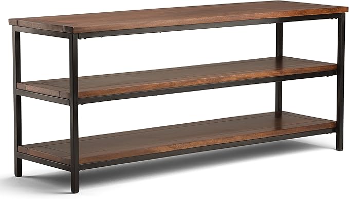 SIMPLIHOME Skyler SOLID MANGO WOOD 60 inch Wide Industrial TV Media Stand in Dark Cognac Brown For TVs up to 65 inches for the Living Room and Entertainment Center