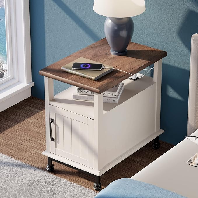 WAMPAT Narrow End Table with Charging Station, Farmhouse Side Table with Open Storage & Storage Cabinet for Living Room, Wooden Nightstand for Bedroom with Metal Legs, White/Oak