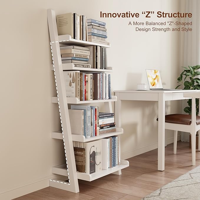 White Wooden Ladder Shelf with Edges, 5-Tier Modern Leaning Bookshelf Ladder – Stylish Space-Saving Bookcase for Living Room, Bedroom & Home Office