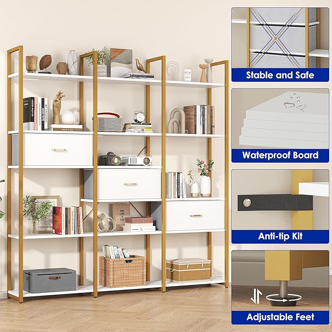 73.6" Tall Bookshelf with 3 Drawers and 16 Storage Shelves, Industrial Bookcase with 16 Open Display Shelves, Large Etagere Bookshelf, Triple Wide Book Shelf Book Case for Home & Office, Gold