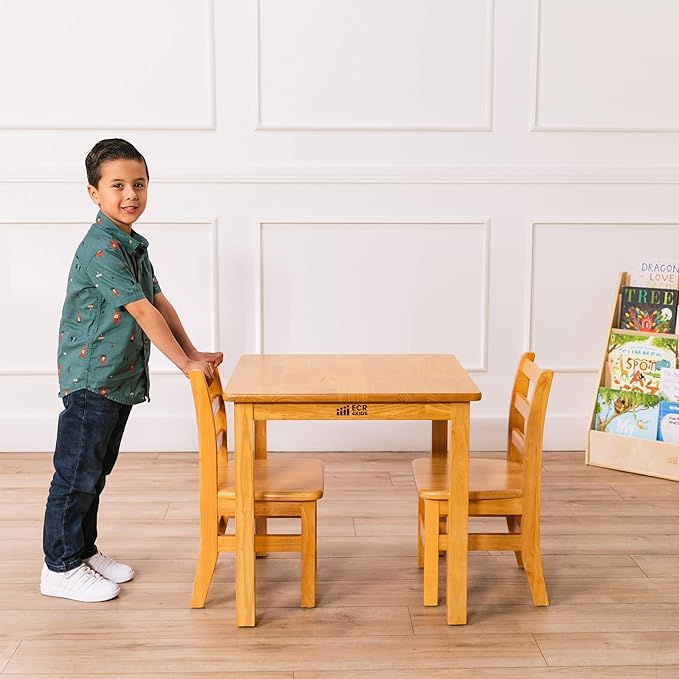ECR4Kids 24in x 24in Hardwood Table and Chair Set, 12in Seat Height, Kids Furniture, Honey