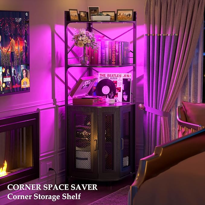 Aheaplus Corner Bar Cabinet with Power Outlet, Industrial Wine Cabinet with LED Strip and Glass Holder, 5-Tiers Liquor Cabinets Bar Unit for Home, Corner Display Cabinets for Small Space, Black