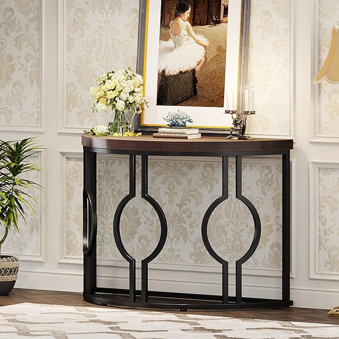 LITTLE TREE 43 Inch Half Moon Console Table for Entryway Industrial Semi Circle Sofa Table Wood Accent Table for Living Room, Hallway, Foyer, Entrance, Rustic Brown