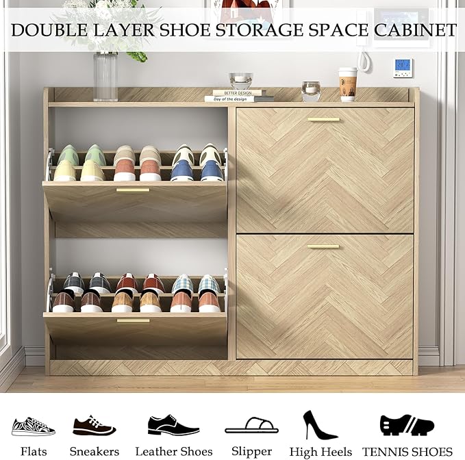 47" Large Shoe Cabinet with 4 Flip Drawers, Freestanding Shoe Storage Cabinet for Entryway, Hidden Shoe Cabinet Organizer with Adjustable Shelf, Narrow Shoe Rack for Entryway, Hallway, Oak