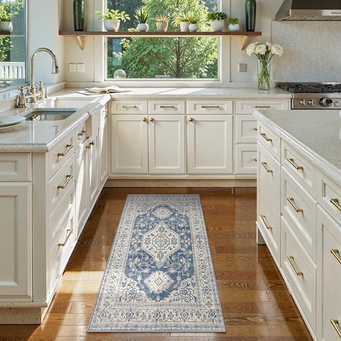 Lahome Oriental Washable Small Area Rug, 2x3 Rugs for Entryway Kitchen, Ultra-Thin Soft Indoor Door Mat Non Slip Throw Carpet for Bedroom Bathroom, Blue