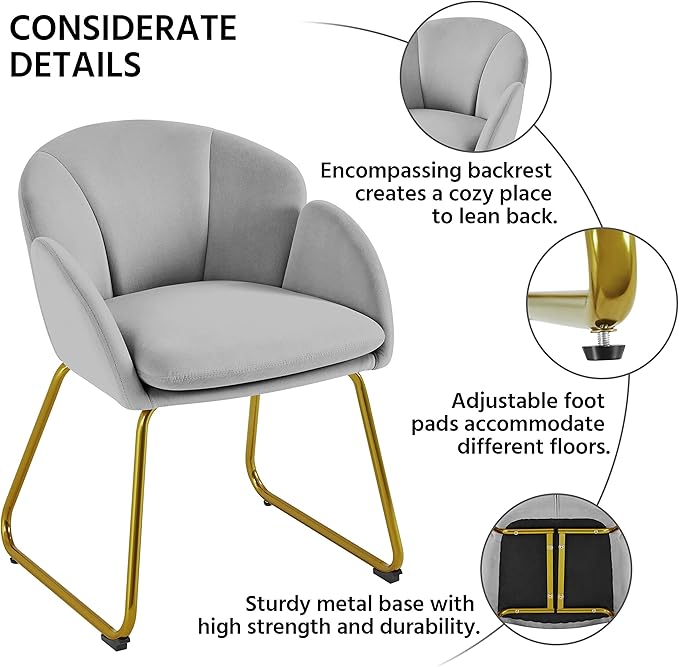 Yaheetech Flower Shape Velvet Vanity Chair, Modern Side Chair Armchair with Golden Metal Legs for Living Room/Dressing Room/Bedroom/Home Office/Kitchen, Gray
