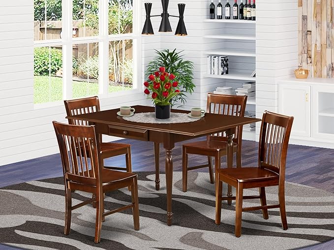 East West Furniture MZNO5-MAH-W 5 Piece Dining Set Includes a Rectangle Dining Room Table with Dropleaf and 4 Kitchen Chairs, 36x54 Inch, Mahogany