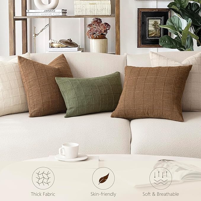 Foindtower Set of 2 Decorative Linen Check Throw Pillow Covers Neutral Farmhouse Vintage Cushion Covers Modern Boho Home Decor For Sofa Chair Couch Bedroom Living Room Outdoor,24×24 Inch,Natural Beige
