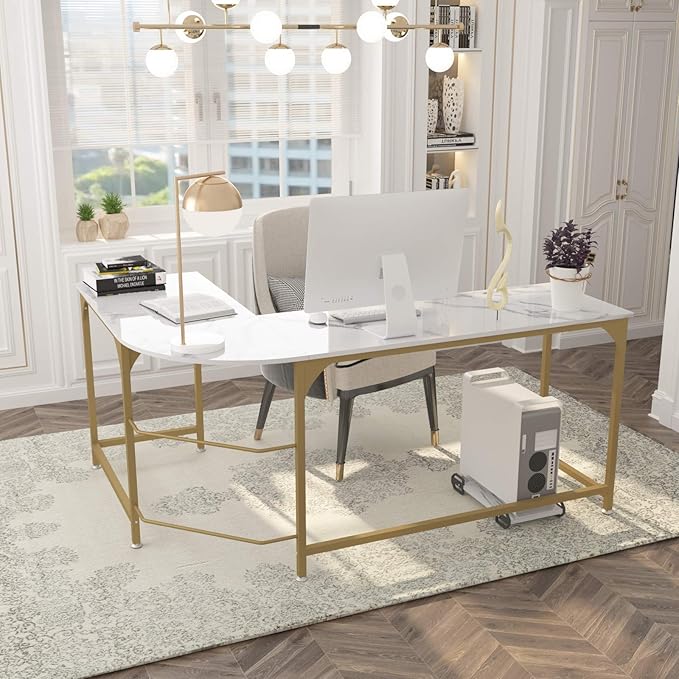 Teraves Reversible L Shaped Desk White - 66.1" Corner Gaming Computer Desk, Office Workstation Modern Home Study Writing Table, Marble Gold