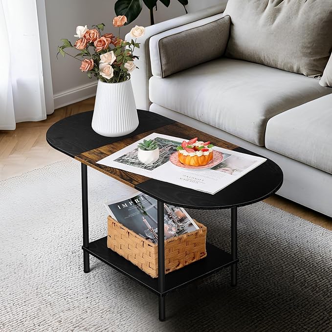 Small Round Coffee Table, 2-Tier Oval Center Table with Storage and Open Shelving, Minimalist Display Center Table for Living Room, Small Space, Home Office, Brown & Black