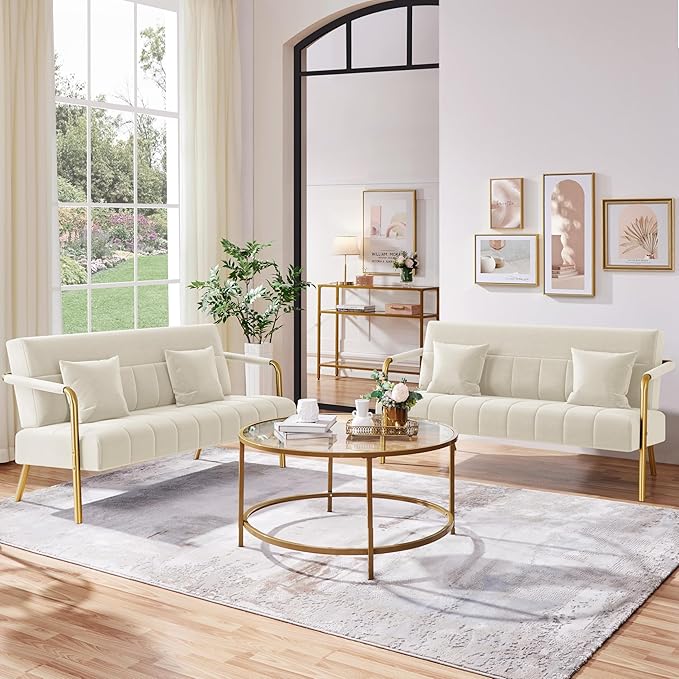 Yaheetech 56.5" W Modern Loveseat 2 Seater Sofa Luxurious Velvet Fabric Couch with Gold-Tone Metal Arms and Legs for Living Room, Home Office, Studio Beige