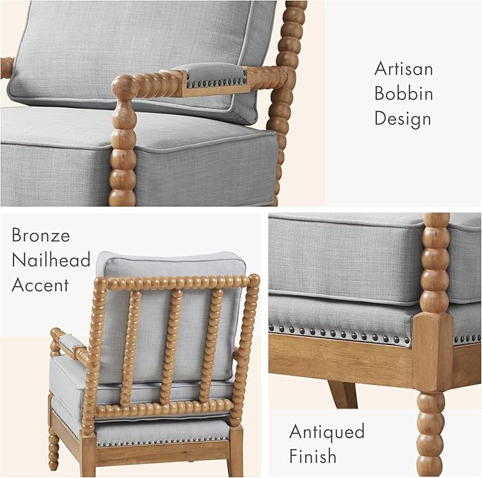 Madison Park Donohue Midcentury Modern Accent Chairs Padded Solid Wood Armrest and Frame Oakwood Finish, Upholstered Seat, Bedroom, Family or Living Room, 25.5" W x 32" D x 35.75" H, Light Blue