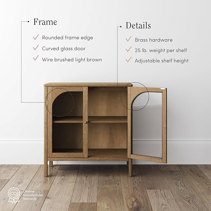 Nathan James Mason TV Stand, Free Standing Accent Sideboard Buffet, Credenza with Glass Doors and Adjustable Shelf in Brushed Light Brown Wood for Dining Room, Entryway and Living Room, Set of 3