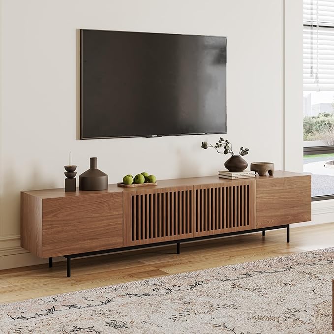 POVISON Full Assembled Mid-Century Modern TV Stand with Slatted Doors, Wood Media Console for 80 85+ Inch TV, TV Console with Tall-cast Metal Legs, Entertainment Center with Storage for Living Room