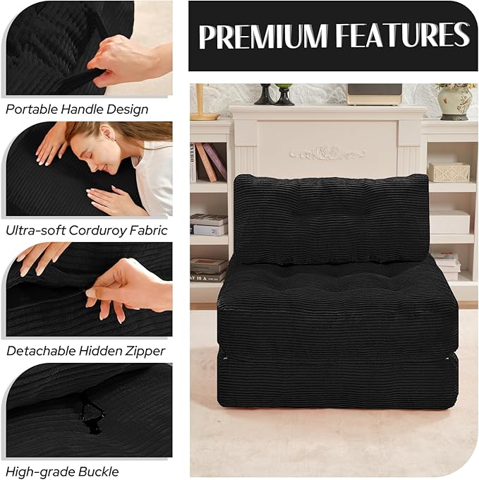 HABUTWAY Folding Sofa Bed, Convertible Sleeper Chair Bed w/Dual-Pillow & Handle, Foldable Floor Sofa Lounge w/Back Support for Living Room, Bedroom, Apartment, Office, Black