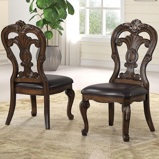 Furniture of America Anatole Traditional Side Chairs Set of 2, Comfortable Upholstered Seating with Ornate Corbels, Gold Tip Crown Molding and Backrest for Dining Room and Living Room, Dark Brown