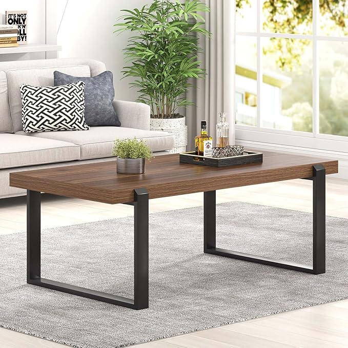 FOLUBAN Modern Coffee Table, Rustic Wood and Metal Center Table, Industrial Rectangle Cocktail Tea Table for Living Room, Walnut, 47 Inch