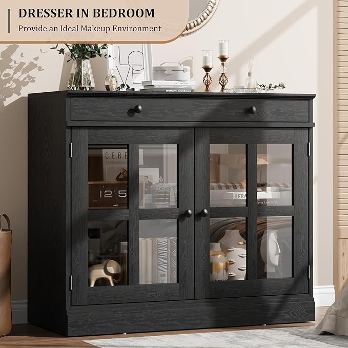 GarveeHome 35.4" Sideboard Buffet Cabinets with Glass Door, Buffet Cabinet with Storage, Black Sideboard Cabinet with Drawer, Modern Buffets & Sideboards for Dining Room, Kitchen