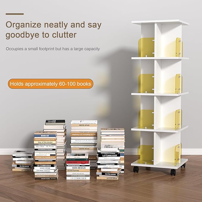 VECELO Rotating Bookshelf with Brake Wheels, 360°Display 4 Tier Floor Stackable Spinning-Bookshelf Tower for Kids&Adults, Revolving Bookcase for Small Space,Corner(White)