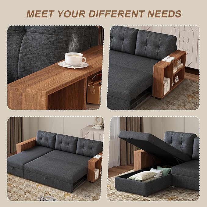 Ball & Cast 84" Sectional Sleeper Sofa with Storage Chaise,L Shaped Pull Out Couch Bed with Wooden Armrests and 3 Removable Back Cushion for Living Room,Apartment,Office,Dark Grey