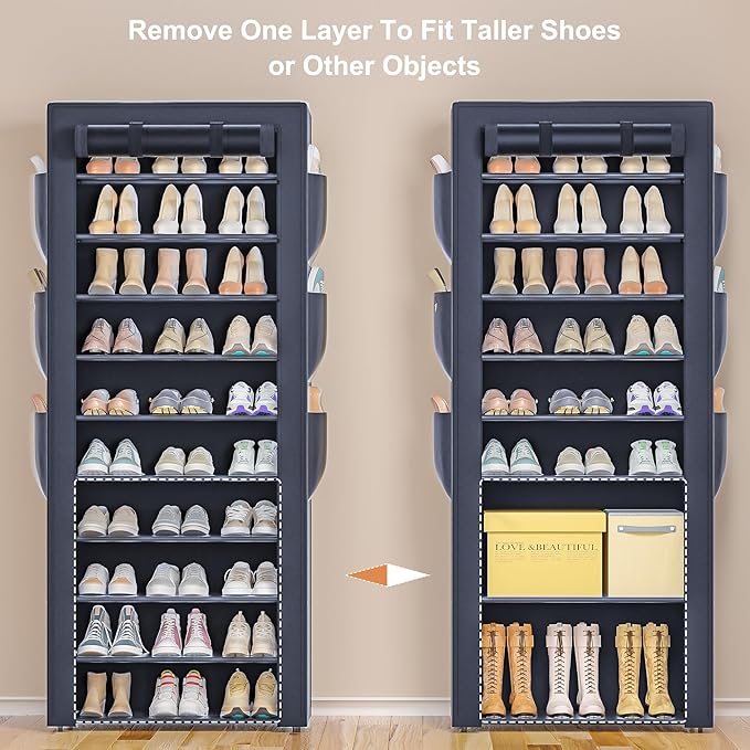 Shoes Rack 10 Tier Tall Shoe Rack with Storage Pockets, Fabric Covered Shoe Racks,Metal Shoes Rack Organizer for Closets,Bedroom, Garage