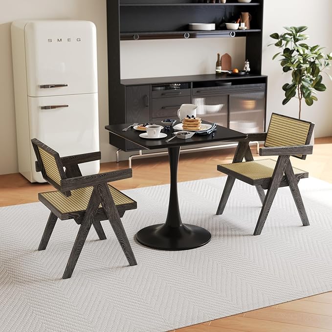 24" Black Small Dining Table for 2 or 4, Small Square Tulip Table for Kitchen, Round Corner Wood Bistro Table, Mid Century Modern Tables with Sturdy Pedestal for Living Room, Cafe, Office, Pub, Bar