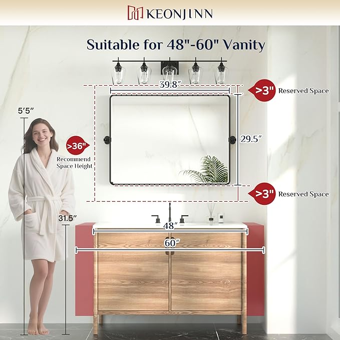 Keonjinn 40 x 30 Inch Large Pivot Mirror, Brushed Nickel Pivot Mirror Bathroom, Beveled Tilt Mirrors Bathroom for Over Sink, Rounded Corner Farmhouse Tilting Mirrors Wall Mount (Horizontal/Vertical)