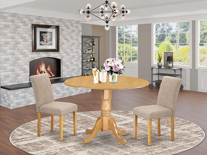 East West Furniture DLAB3-OAK-04 3 Piece Dining Room Furniture Set Contains a Round Dining Table with Dropleaf and 2 Light Tan Linen Fabric Parsons Chairs, 42x42 Inch, Oak