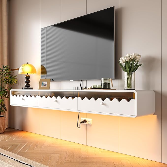Floating TV Stand, 70IN Fully-Assembled Wall Mounted Wave Glass with Flip-Down Door & Drawers, Modern Media Entertainment Console Under TV Shelf for Livingroom