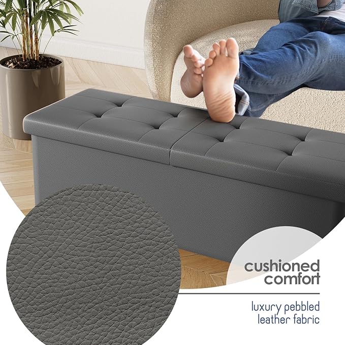 STORAGEBUD Storage Ottoman Bench with Bins, 43-in Storage Bench for Bedroom End of Bed, Folding Foot Rest Ottoman for Living Room Max 660lbs, Faux Leather Ottomans, Grey