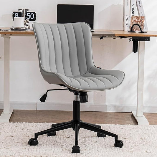 YOUNIKE Grey Home Office Desk Chair with Wheels Ergonomic Comfy Armless Vanity Chair with Back Modern Leather Upholstered Rolling Task Chair Small Cute Computer Drafting Sewing Chair Swivel Adjustable