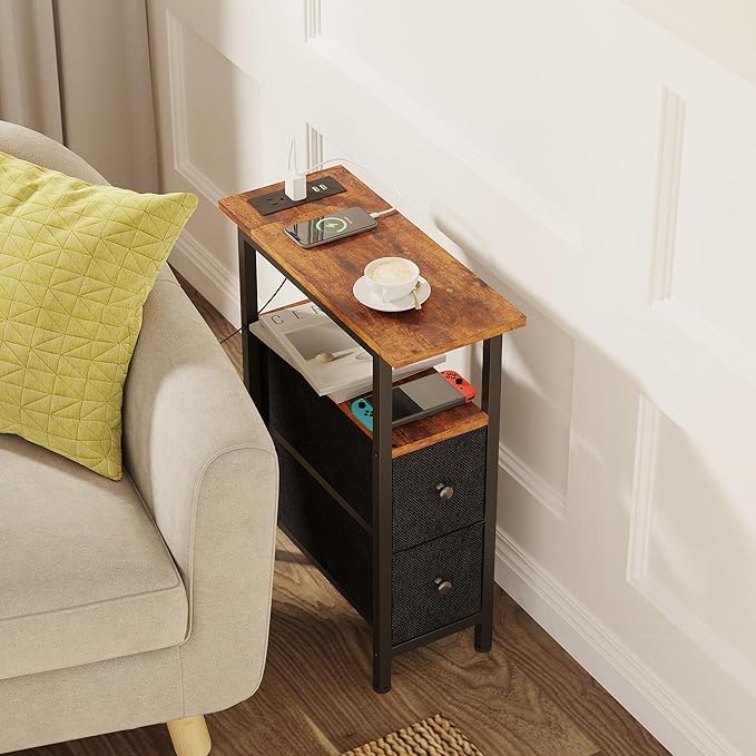 End Table Set 2 with Charging Station, Narrow Side Table with 2 Fabric Drawers, Skinny Nightstand with LED Light, Slim Bedside Table for Bedroom, Living Room, Small Spaces, Brown and Black