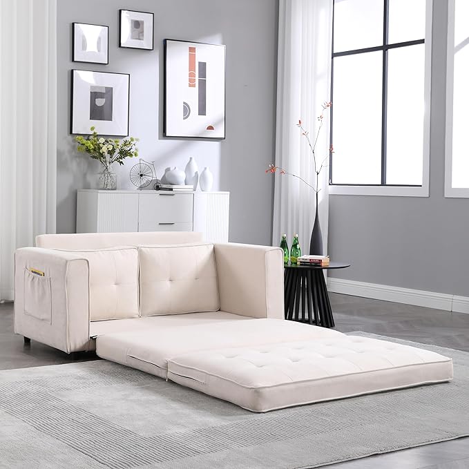 ERYE 3 Fold Tufted Upholstered Futon Sofa Bed Modern Convertible Foldable Floor Loveseat Sofabed with Pull Out Sleeper Couch Daybed W/Side Pockets for Living Room