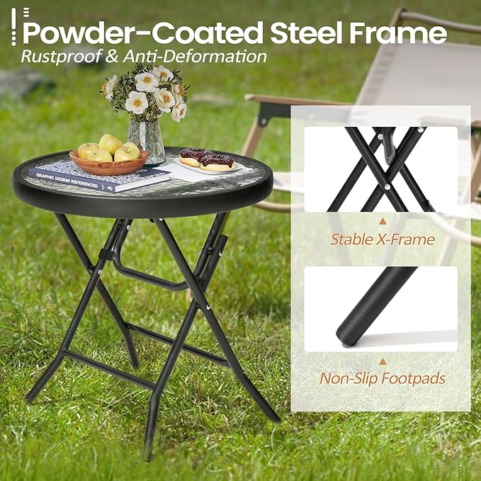 Foldable Side Table with Tempered Glass Top 18" Outdoor Folding Side Tables Small Glass Patio Table for Porch Yard Balcony Deck Lawn Dining Garden (Black)