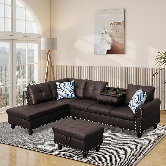 L Shaped Modular Sectional Sofa with Reversible Chaise Lounge, 5-Seater Corner Couch, PU Leather Convertible Sofá w/Movable Ottoman, Cup Holders, 2 Pillows and Rivet Ornament for Living Room