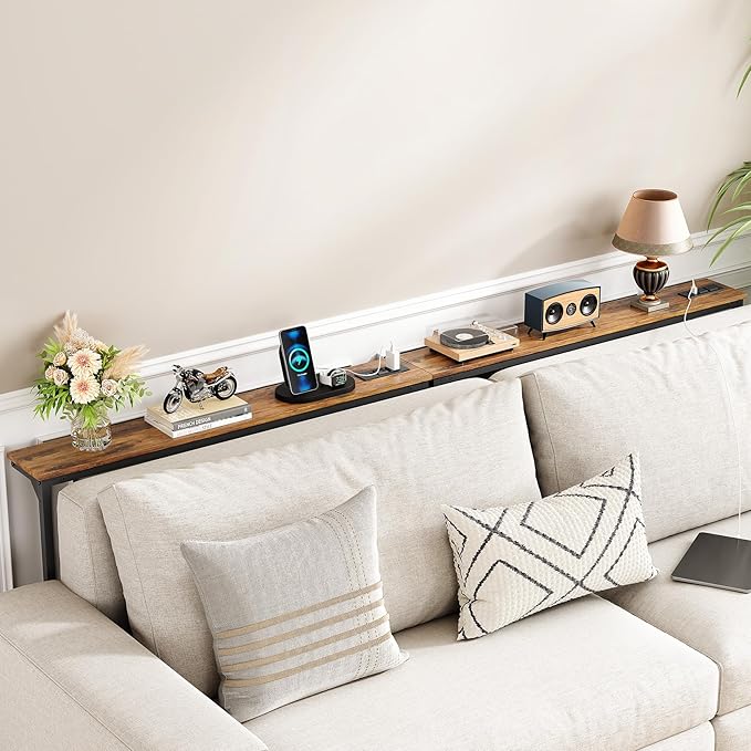 Kitstorack Narrow Console Table Behind Sofa Couch, Design with Adjustable Height (25"-33") & Power Outlets, Small Entryway Table - 5.9" D x39.4 L, Rustic Brown
