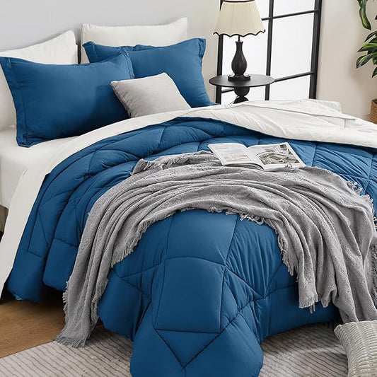 HEVUMYI Teal Blue & Ivory Queen Comforter Set - 7-Piece All Season Bed in a Bag Queen, Ultra Soft Bedding Set with Comforter, Flat Sheet, Fitted Sheet, Pillowcases, Pillow Shams, Teal Blue & Ivory