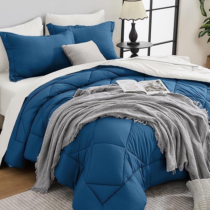 HEVUMYI Teal Blue & Ivory Full Comforter Set - 7-Piece All Season Bed in a Bag Full, Ultra Soft Bedding Set with Comforter, Flat Sheet, Fitted Sheet, Pillowcases, Pillow Shams, Teal Blue & Ivory