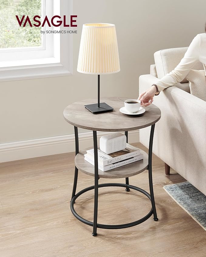 VASAGLE Side Table, 2-Tier Round End Table, Nightstand with Steel Frame for Small Spaces, Living Room, Bedroom, Heather Greige and Ink Black