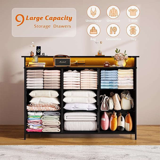 Nicehill 9 Drawer Dresser for Bedroom, TV Stand for Bedroom, Black Dresser with LED Light, Fabric Chests of Drawers for Hallway Entryway (Black Wood Grian)