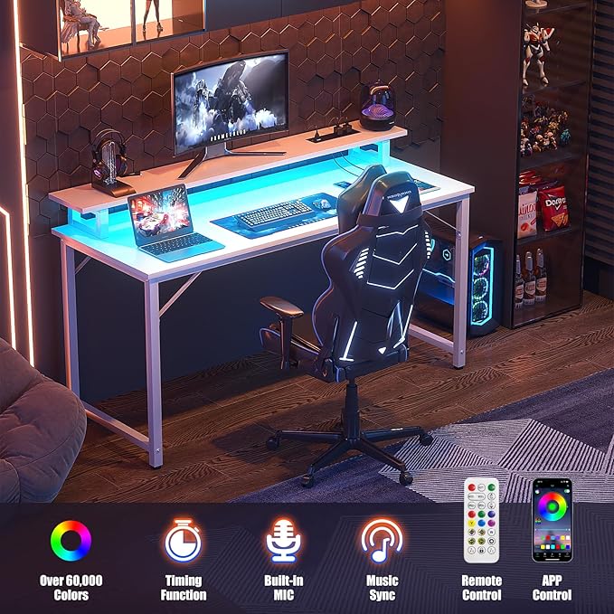Computer Desk with USB Power Outlets and LED Lights, 47 inch Gaming Desk with Monitor Stand for Small Space Home Office, Modern Simple Study Writing Table PC Desks, White