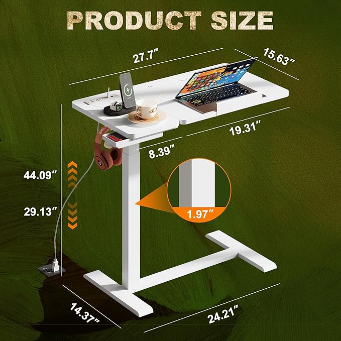 Standing Desk, Medical Overbed Table with Rolling Tray and Power Outlet, Dual Pneumatic Angle and Height Adjustable Desk, Portable Side Table with Drawer, Home & Hospital Use, White