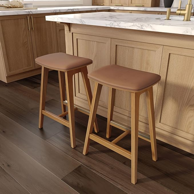 Plank+Beam Beryl Counter Height Stool - Mid-Century Modern Rubberwood Bar Stool with Faux Leather Seat, Metal Footrest, Easy Assembly, 2-Pack, Pecan/Toffee