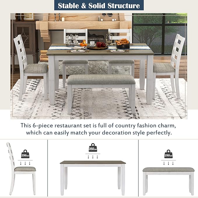 Ball & Cast 6 Piece Dining Table Set with 4 Upholstered Chairs & 1 Bench,Wooden Living Room Furniture W/ 60" Rectangle Kitchen Desk,for Restaurant,Home Bistro,Brown+White Wash